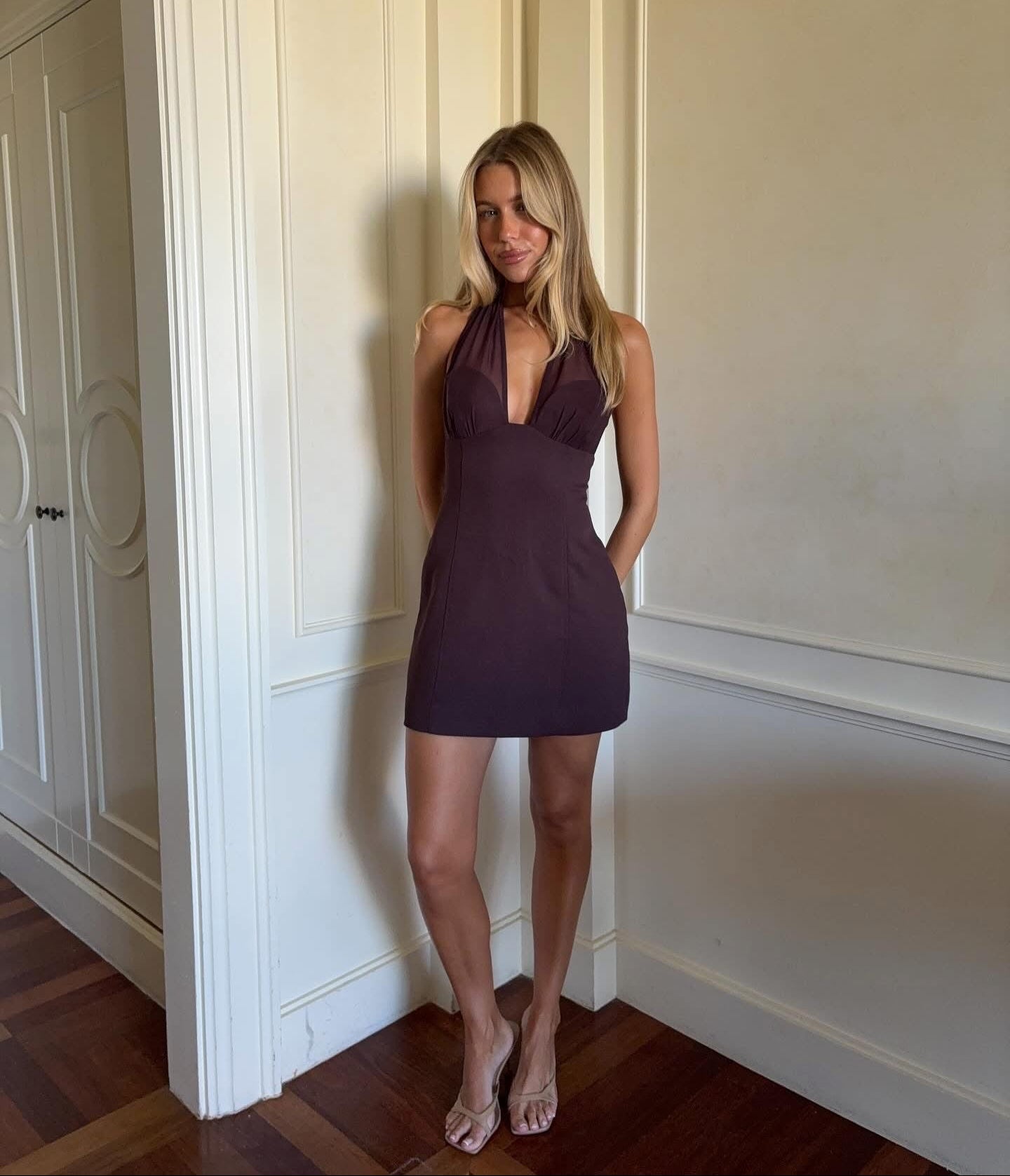 knee length dresses for ladies Kookai Oyster Mesh Mini Dress in Mahogany – Hills Shire Hire