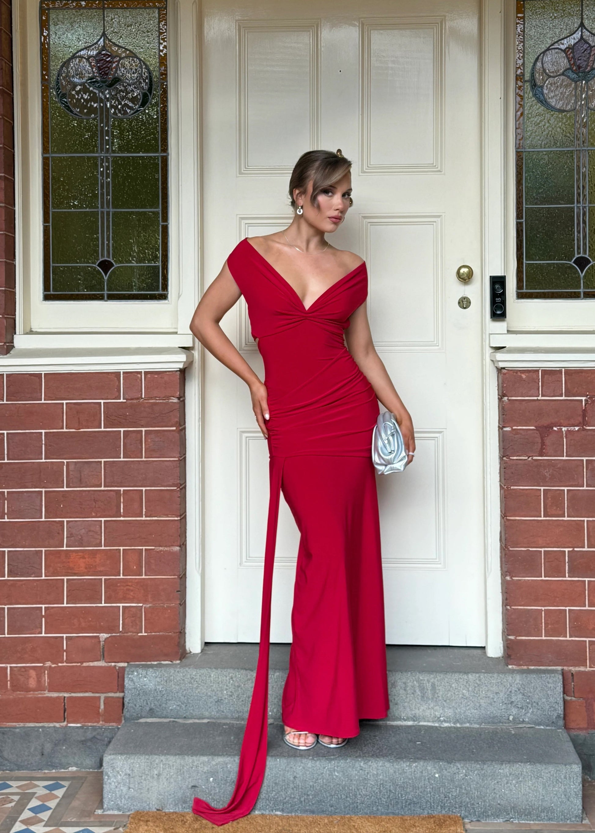 pure red dress Linen Wrap Dress - Side Tie, V-neck, Cocktail, Party, Summer, Spring - Stone Green