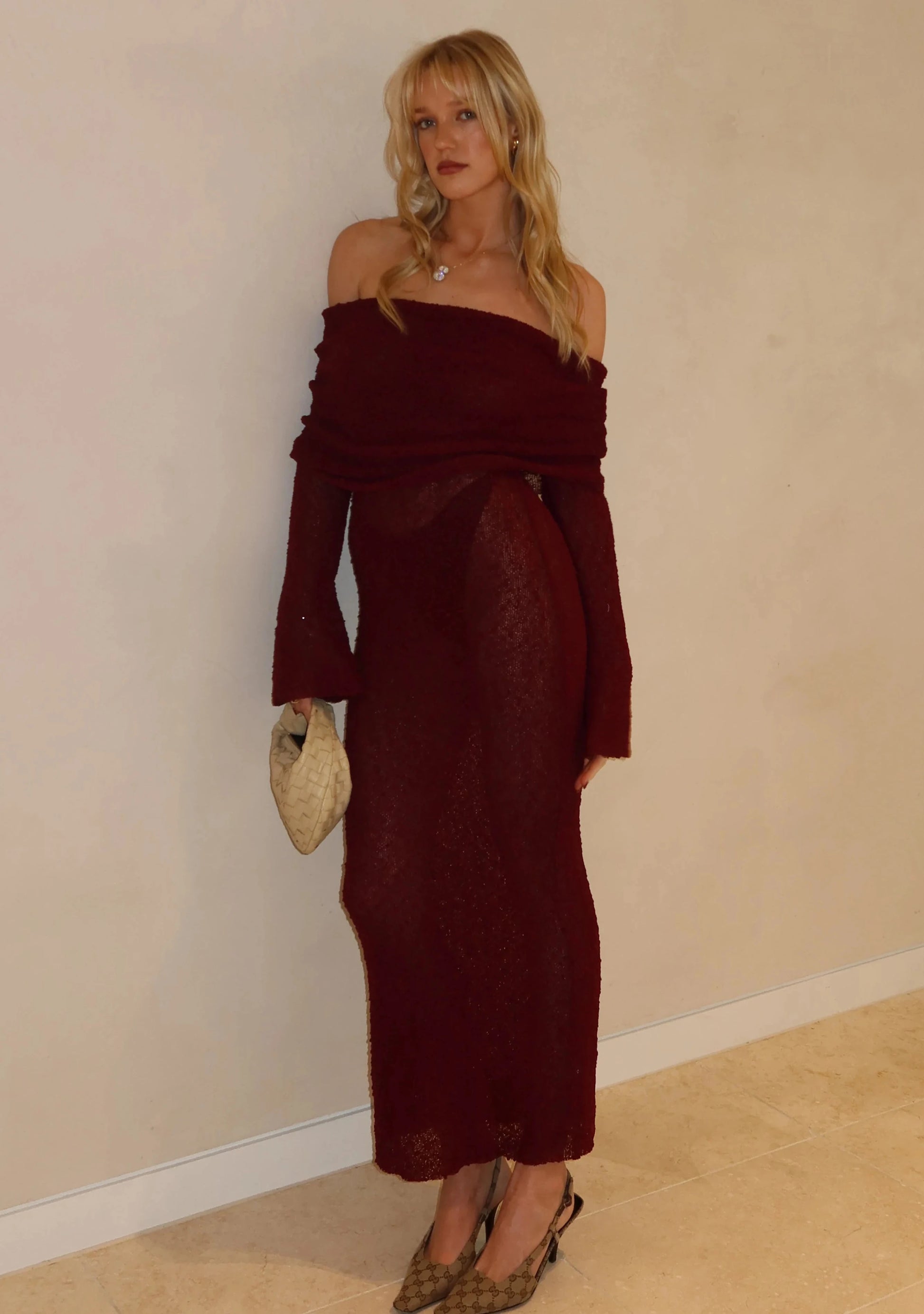marisol off shoulder boucle maxi dress meshki Marisol Off The Shoulder Boucle Maxi Dress In Plum Size Small $60 To Hire